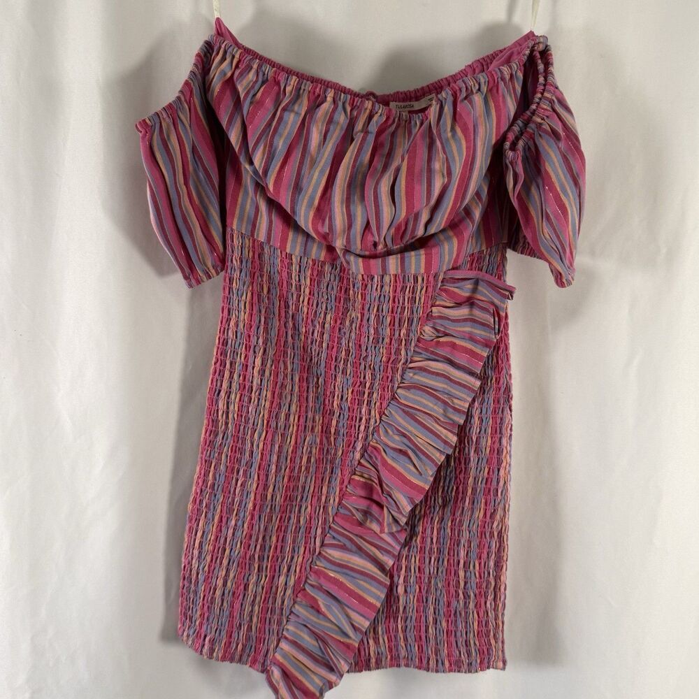 Tularosa Mini Dress Women's XS Pink Striped Smocked Off the Shoulder Pullover